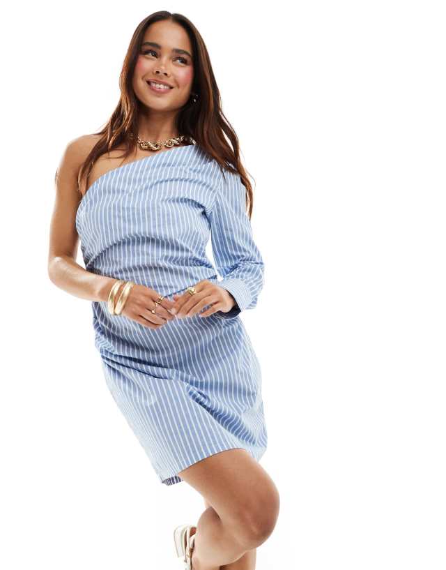 Pimkie - one shoulder poplin mini dress in blue and white stripe