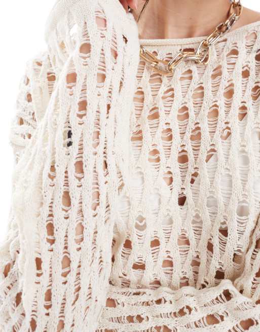 Pimkie open knit crochet jumper in ecru, 4 of 4