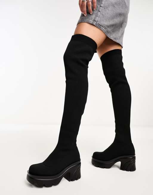 Womens black knee high best sale platform boots