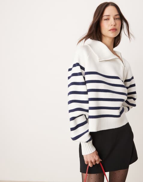 Pimkie – Oversize-Pullover in Weiß und Marineblau mit Kragen und asymmetrischem Reißverschluss - view 1