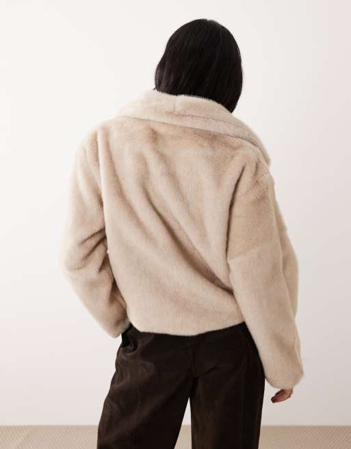 Pimkie oversized collar faux fur jacket in beige, 4 of 4