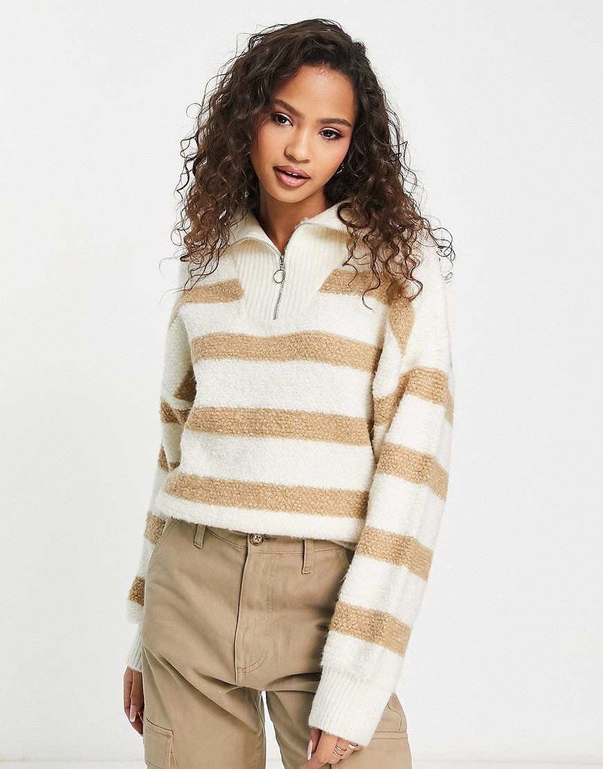 Pimkie oversized half zip jumper in ecru with contrast taupe stripe-White