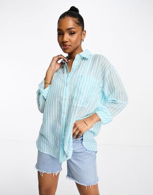 Pimkie oversized pocket detail lightweight shirt in turquoise stripe - ASOS Price Checker