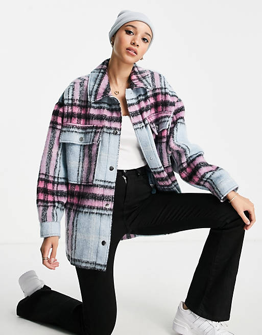  Pimkie oversized shacket with pink checks in blue 