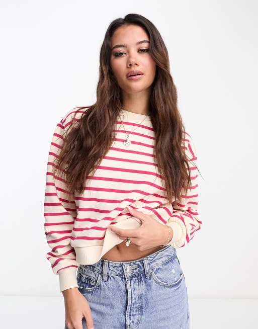 Pimkie - Oversized sweatshirt med lange ærmer og beige og lyserøde striber