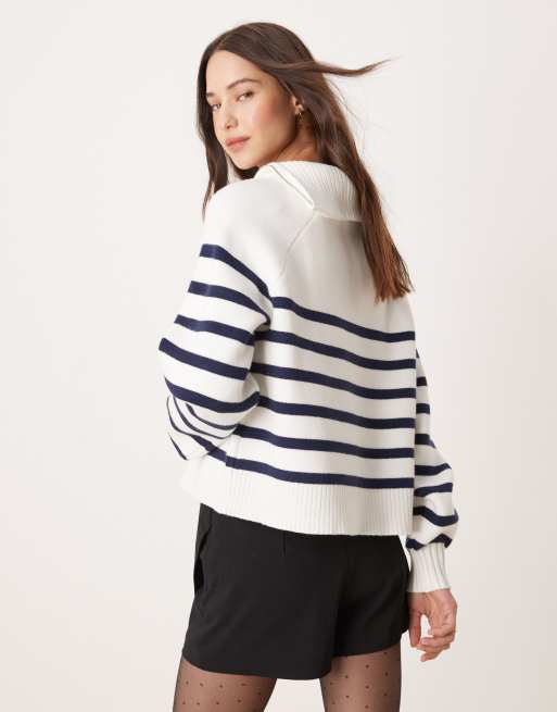 Pimkie - Oversized trøje med krave med asymmetrisk lynlås og hvide og marineblå striber, 3 af 4