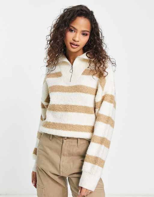 Pimkie - Oversized trui met korte rits in ecu met contrasterende taupekleurige strepen