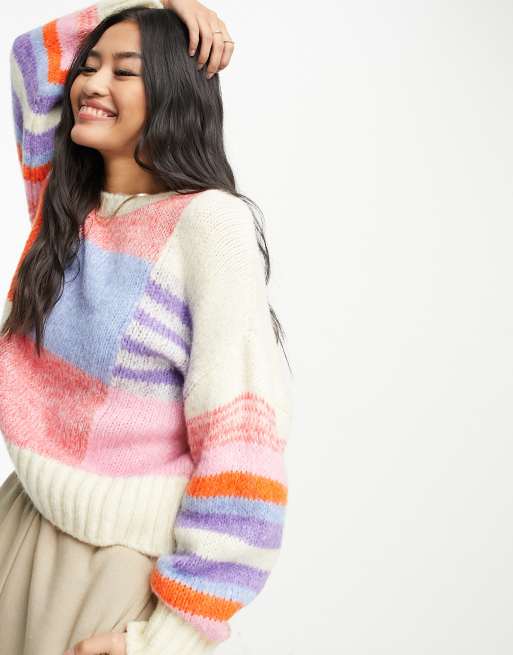 Pimkie - Oversized trui met patchwork en ronde hals in roze