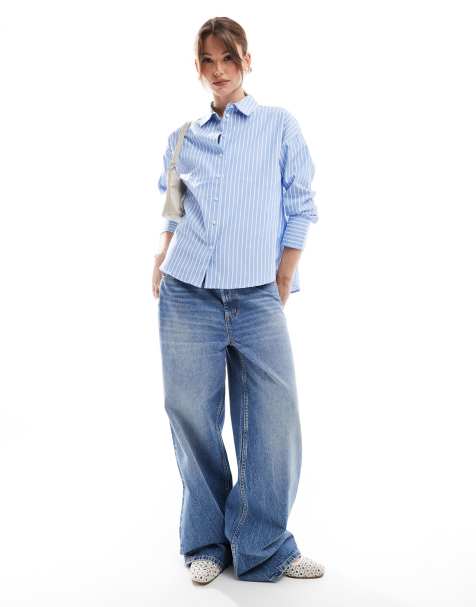 Pimkie oxford button through shirt in blue stripe - view 1