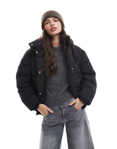 Pimkie padded hooded coat with drawstring hood in black - view 1