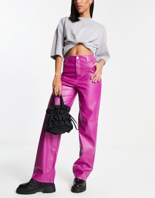 Pimkie - Pantalon droit à taille haute en imitation cuir - Fuchsia  | ASOS