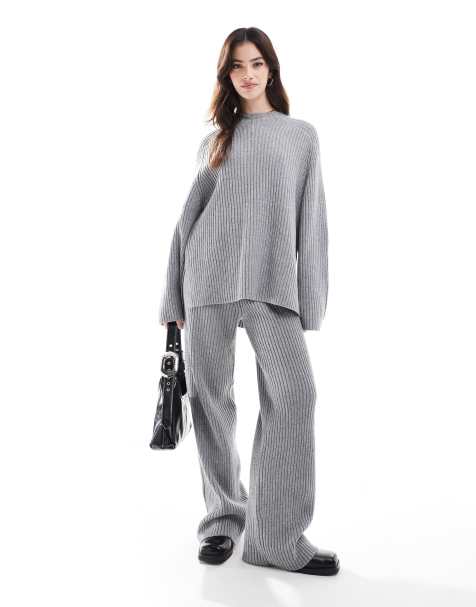 Pimkie - Pantalon large d'ensemble en maille côtelée - Gris clair - view 1