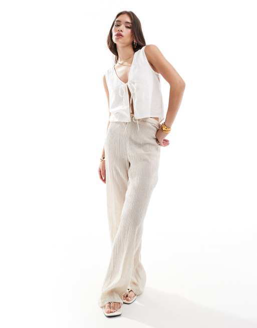 Pimkie - Pantalon large en lin mélangé texturé à cordon de serrage - Beige