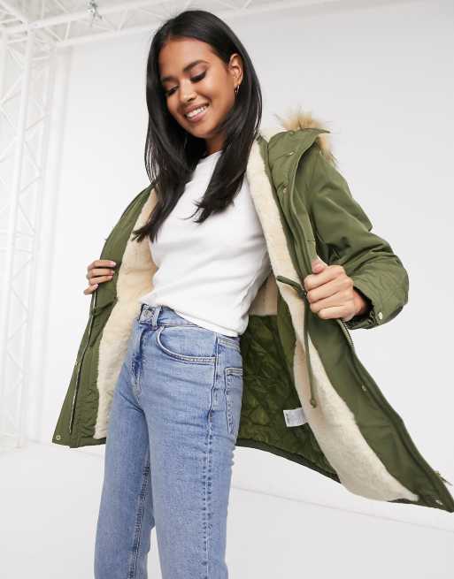 Pimkie parka jacket with faux fur hood in khaki