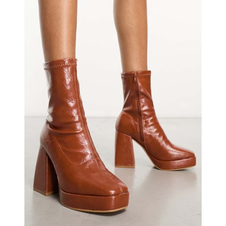 Pimkie patent block heel boot in tan ASOS