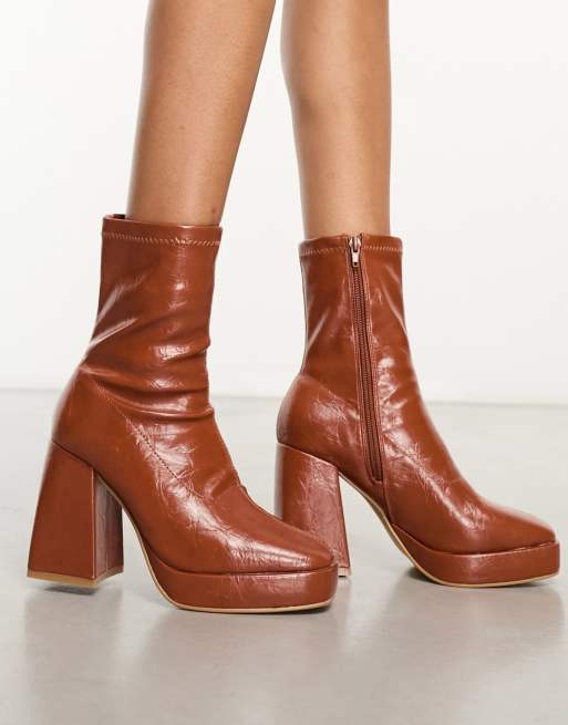 Pimkie patent block heel boot in tan ASOS