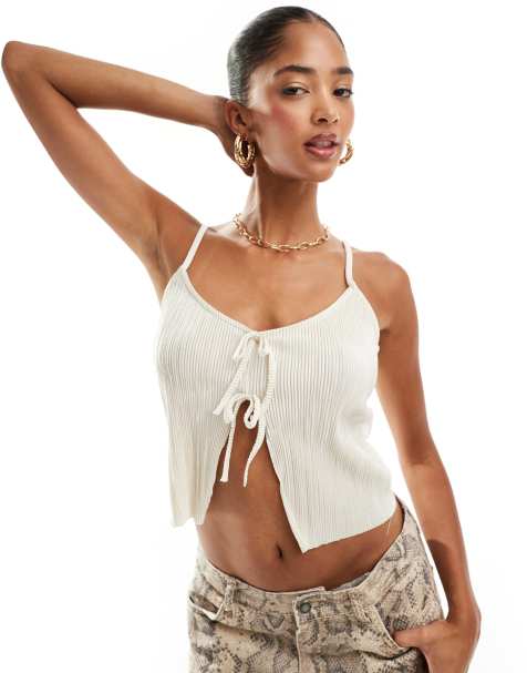 Pimkie plisse tie front cami top in white - view 1