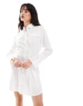 [Pimkie] Pimkie pocket detail flared sleeve cinched waist mini shirt dress in white 36 White