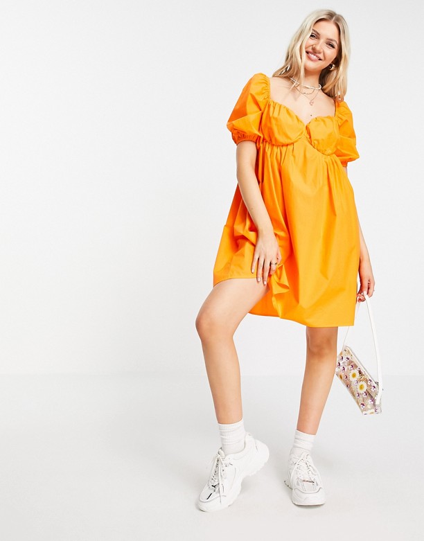 Pimkie – Pomarańczowa sukienka trapezowa z bufkami Pomarańczowy Modny 