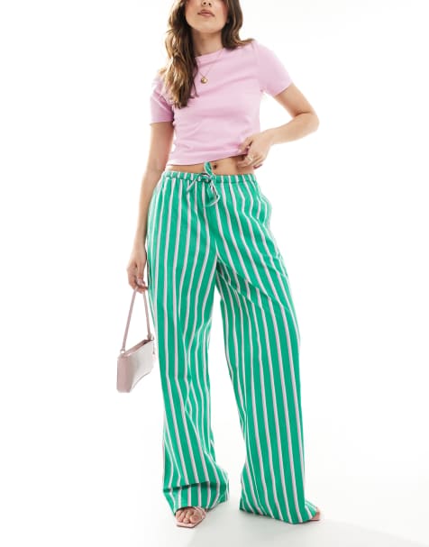 Pimkie poplin drawstring tie waist wide leg pants in green and white stripe - view 1