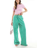 [Pimkie] Pimkie poplin drawstring tie waist wide leg pants in green and white stripe XS Green