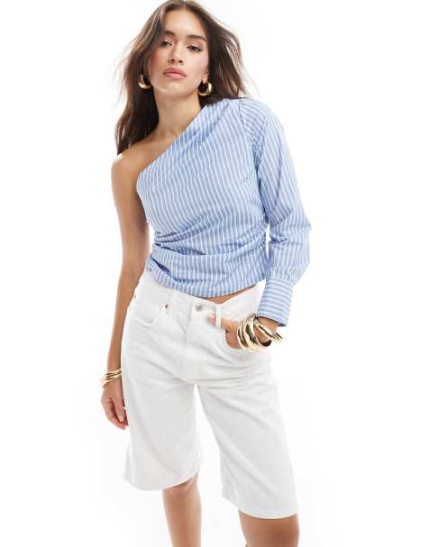 Pimkie poplin one shoulder top in blue stripe - view 1
