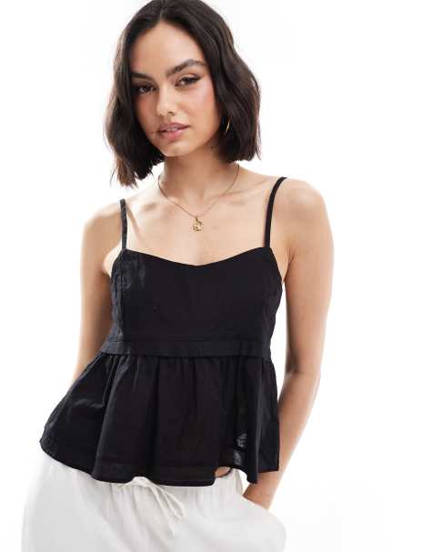 Pimkie poplin square neck ruffle cami top in black - view 1