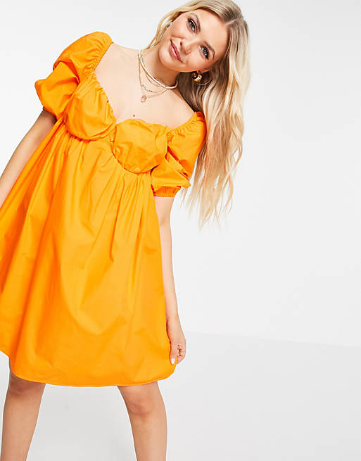 Pimkie puff sleeve a line dress in orange