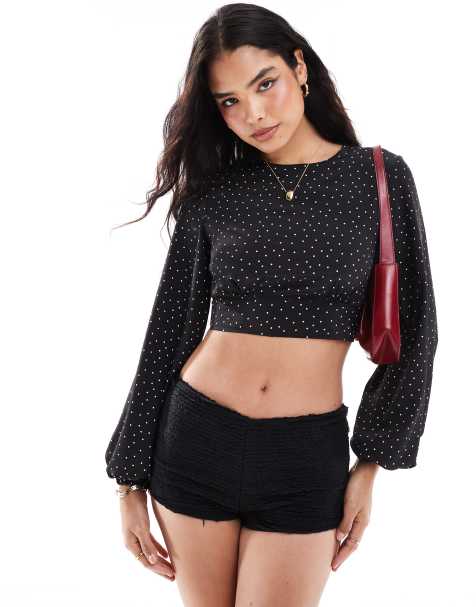 Pimkie puff sleeve open tie back cropped blouse in black polka dot - view 1