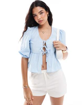 Pimkie puff sleeve tie front peplum top in blue stripe