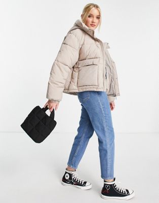 Pimkie puffer jacket with oversized pockets in mushroom