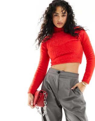 Pimkie fluffy high neck cropped jumper in red - ASOS Price Checker