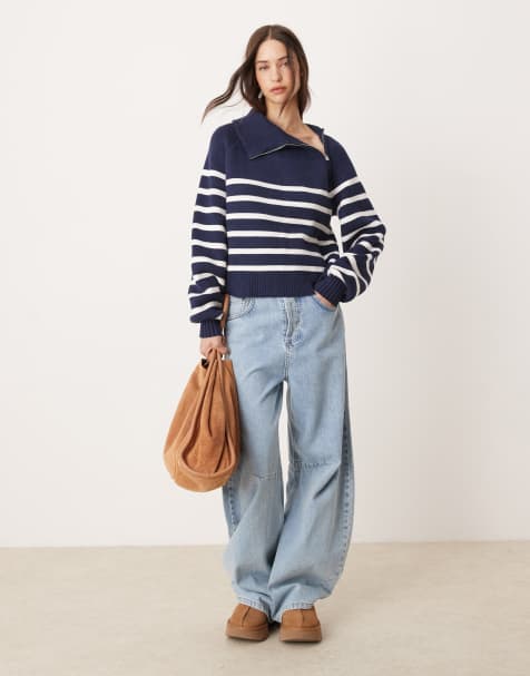 Pimkie - Pull oversize à col zippé asymétrique à rayures - Bleu marine et blanc - view 1