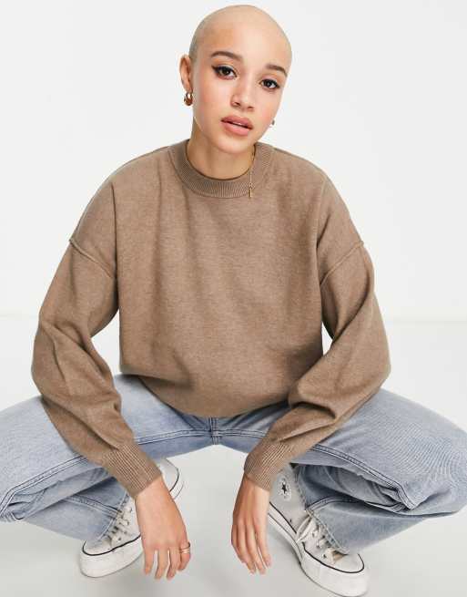 Pull oversize col rond marron femme