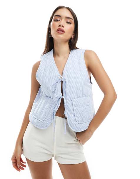 Pimkie quilted tie front waistcoat in blue stripe - view 1