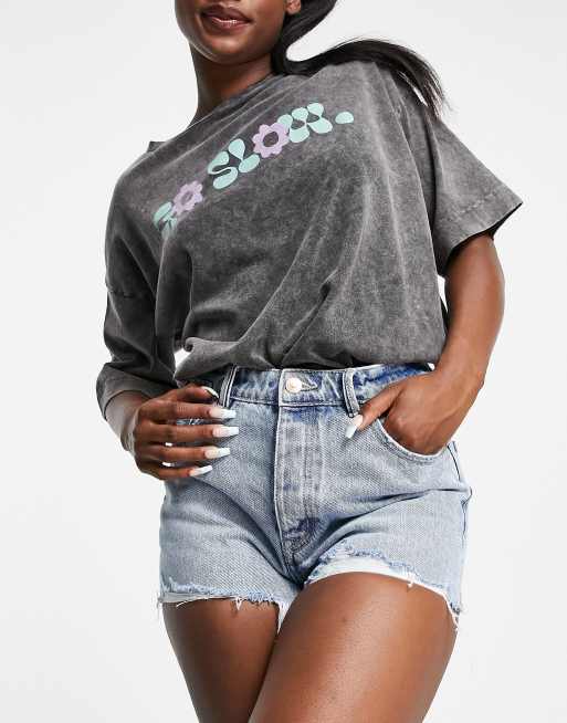 Pimkie raw hem high waisted mom shorts in light blue