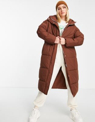 Pimkie polyester longline puffer coat in chocolate brown - BROWN