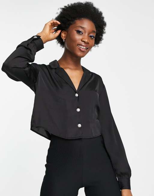 Pimkie rhinestone button satin shirt in black | ASOS