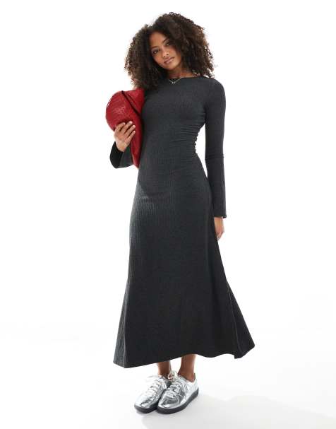 Pimkie ribbed boat neck flared sleeve maxi dress in grey - view 1