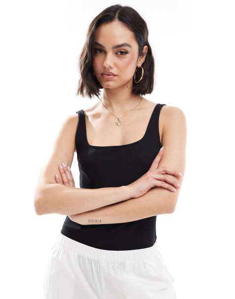 Pimkie ribbed cotton square neck bodysuit in black