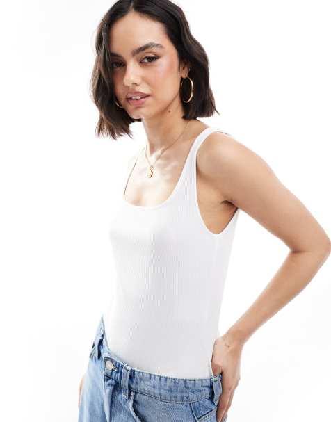 Pimkie ribbed cotton square neck bodysuit in white - view 1