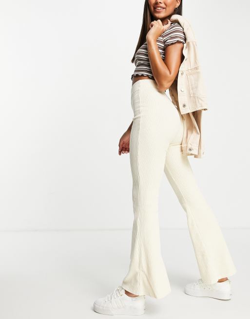 Cream Rib Button Detail Waistband Flared Pants