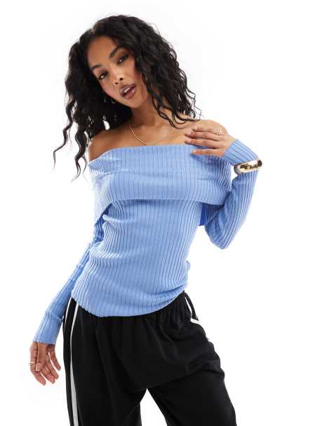 Pimkie ribbed fold over bardot jumper in light blue - view 1