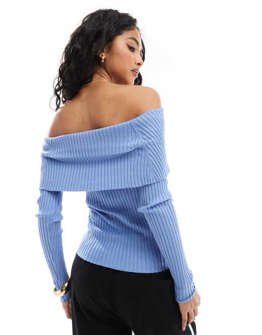Pimkie ribbed fold over bardot jumper in light blue