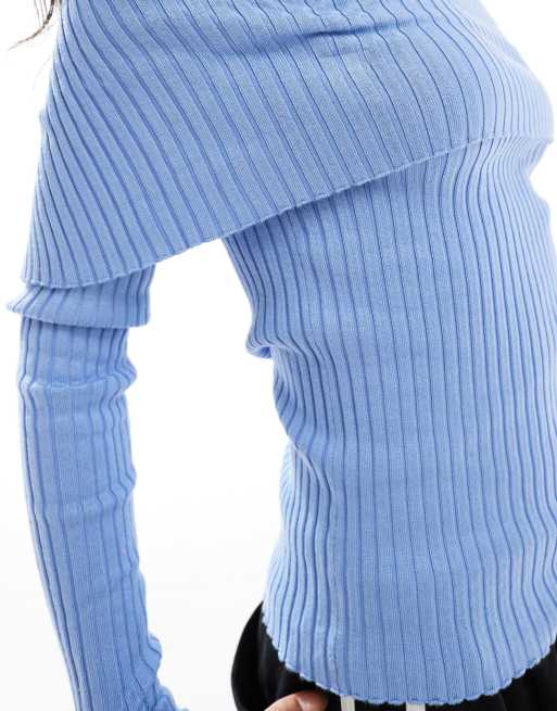 Pimkie ribbed fold over bardot jumper in light blue