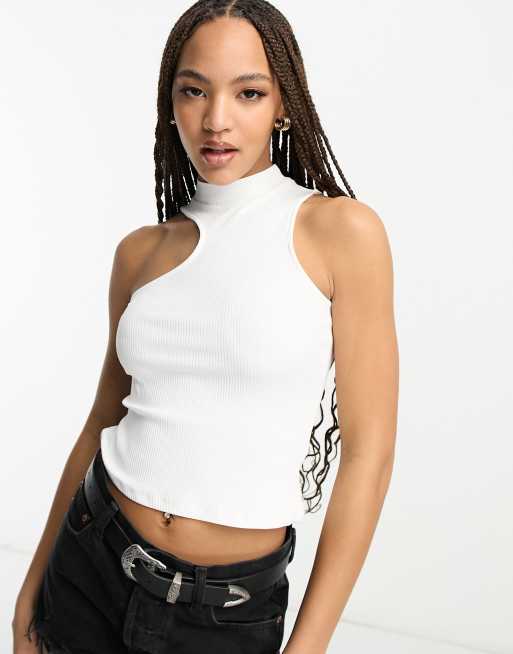 Pimkie ribbed high neck asymmetric singlet in white