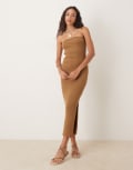 [Pimkie] Pimkie ribbed knit bandeau bodycon side split maxi dress in camel-Brown M CAMEL