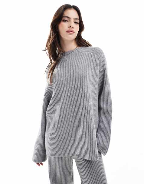 Pimkie ribbed knit oversized jumper & wide leg trousers co-ord in light grey - view 1
