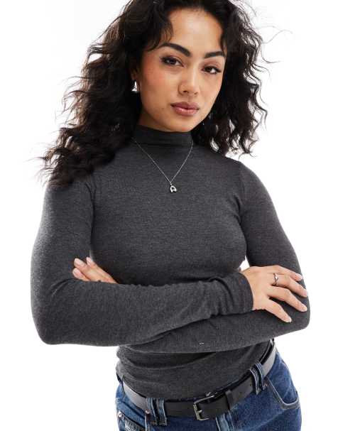 Pimkie ribbed roll neck top in dark grey - view 1
