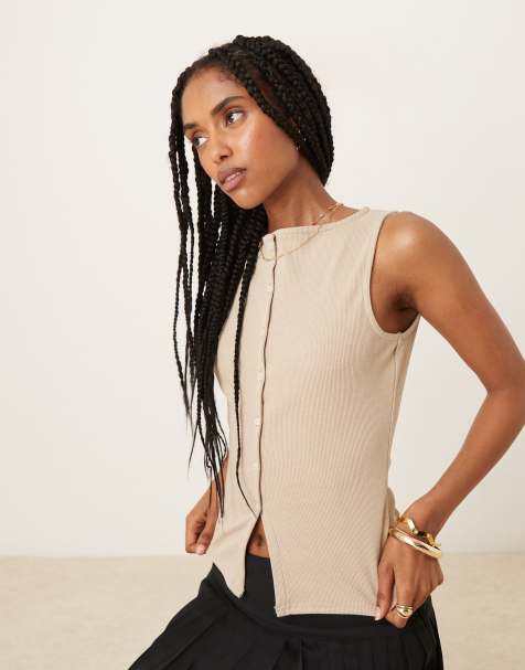 Pimkie ribbed sleeveless button-down split front waistcoat top in beige  - view 1